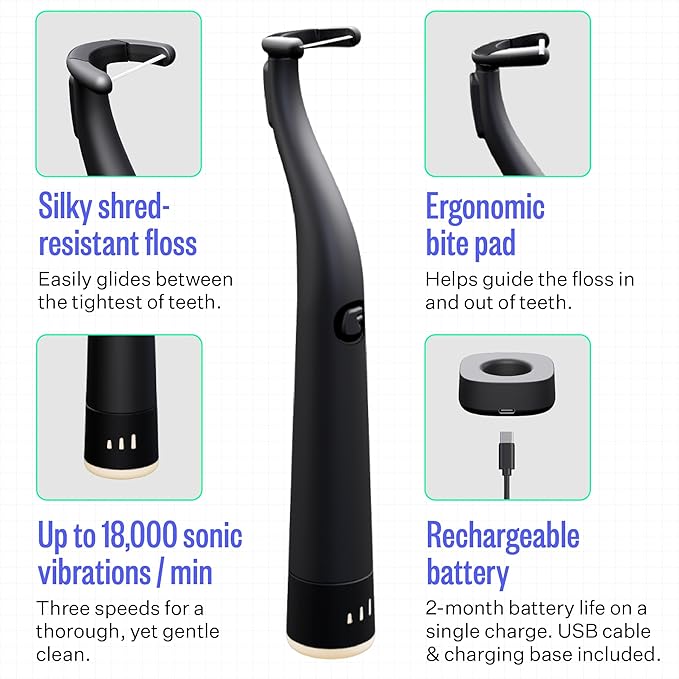 FLAUS Electric Flosser (Shark Tank) 3 Speeds + 45 Refill Heads w/Gentle Gliding Floss for Sensitive Gum Care - Water Flosser Alternative, Dentist Recommended Tooth Flossers, Eco Dental Floss Picks
