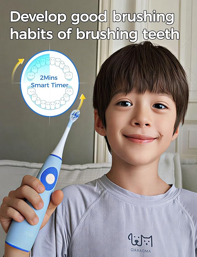 SEAGO Kids Electric Toothbrushes for Ages 5-8 with 2 Sizes Soft Brush Heads, Soft Silicone Handle, 2-Min Timer, IPX7 Waterproof, 35000VPM, Rechargeable 70 Day Battery Life with Charging Base (Blue)