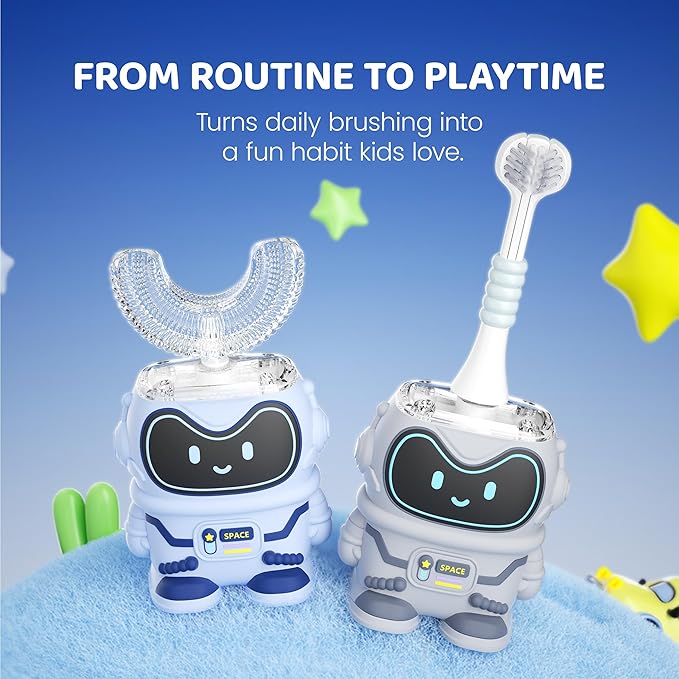 Well Before Kids U Shaped Electric Toothbrush with 5 Brush Heads, Ultrasonic, 5 Modes, IPX7 Waterproof Design (Spaceman, Grey Ages 2-7)