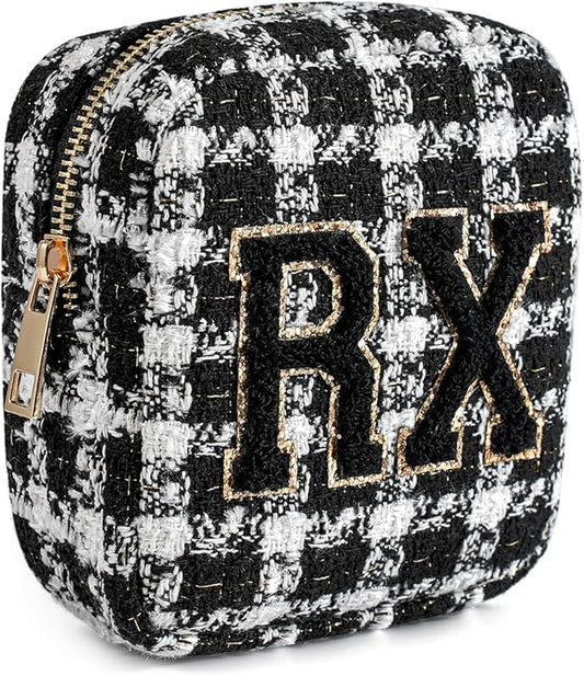 Small Medicine Bag for Travel, Personalized RX Chenille Letters Checkered Pouch for Women and Girls, Cute Meds Drug Makeup Bags with Zipper (03Black Checkered)