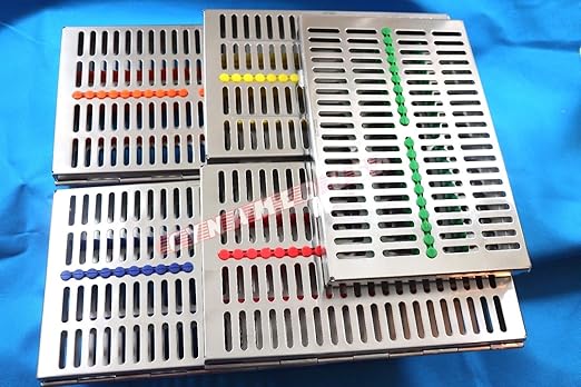 German Stainless 5 Dental Sterilization Cassette Rack Tray Box for 20 Instruments Set of 5 Color