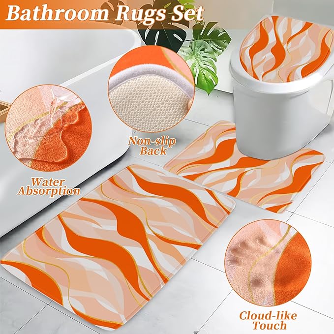 Bathroom Set - Orange and Gold Bathroom Accessories, Bathroom Sets with Shower Curtain and Rugs, Orange Shower Curtain Set with Bathroom Trash Can, Soap Dispenser, Soap Dish for Home Decor