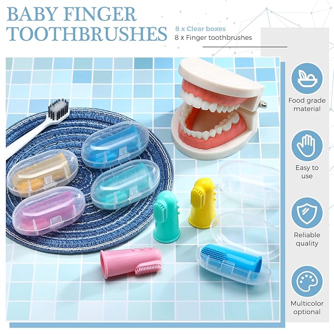 Zopeal 16 Sets Baby Finger Toothbrush for Toddler Kids with Boxes Travel Storage Case Silicone Soft Finger Toothbrush for Infant Newborns Lids Training Healthy Oral Habits Teething Cleaning Massaging