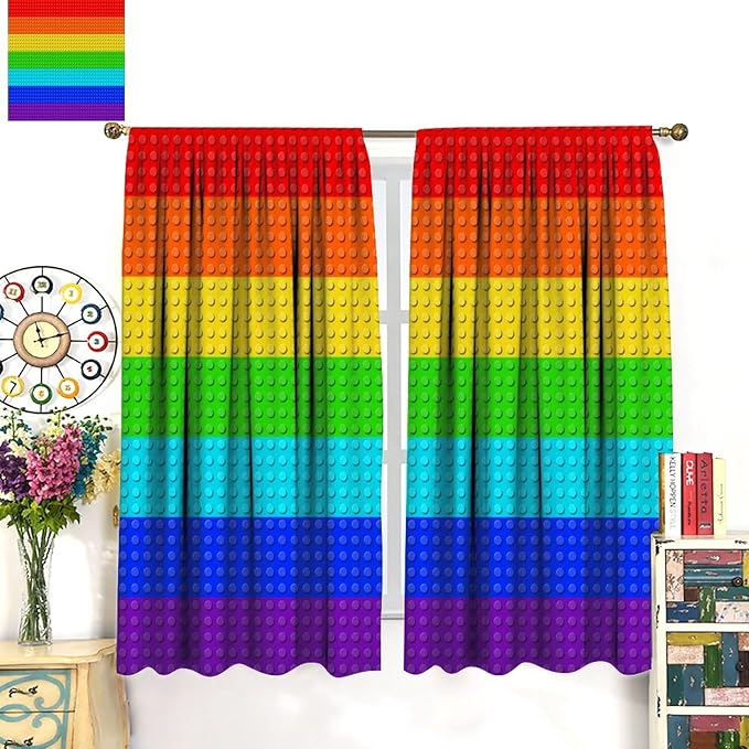 Colorful Building Block Toy Curtain Rod Pocket Children's Nursery Rainbow Contour Plastic Toy Brick Geometric Print Pattern Curtain Boys Girls Bedroom Playroom 2 Panels 84x84in