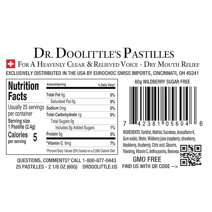 Dr. Doolittle’s Sugar Free Soft Fruit Pastilles for Voice and Throat, Wild Berries Flavor, 2.12 Ounce Tin, approximately 25 Count Package, 3 Pack