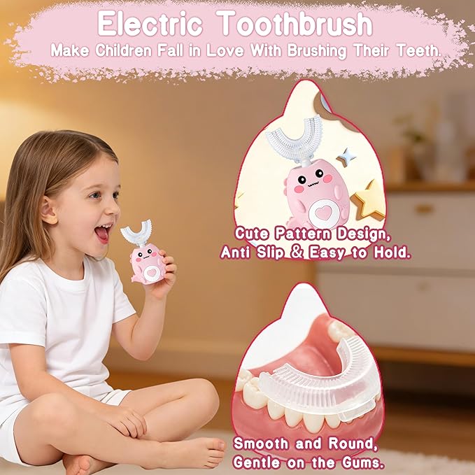 Kids Electric U Shaped Toothbrush, Sonic Automatic Toothbrush Kids with 4 Brush Heads, 3 Cleaning Modes, Cartoon Dinosaur IPX7 Waterproof 360º Round Toddler Electric Toothbrush(Pink, Ages 2-12)