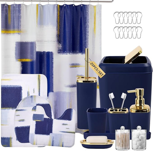 Bathroom Set - Navy Blue and Gold Bathroom Accessories Set, Bathroom Sets with Shower Curtain and Rugs, Blue Shower Curtain Set with Bathroom Trash Can, Soap Dispenser,Soap Dish for Home Decor