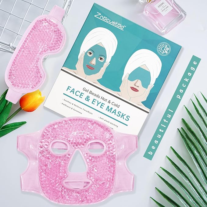 ZNÖCUETÖD Face Eye Mask Ice Pack for Reducing Puffiness, Bags Under Eyes, Puffy Dark Circles, Migraine,Hot/Cold Pack with Soft Plush Backing (Pink-(1*Eye Mask+1*Face Mask))