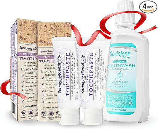 SprinJene Natural Sensitivity Relief, Fluoride Free Toothpaste for Sensitive Teeth (2 Pack) + Fluoride Free & Alcohol Free Mouthwash