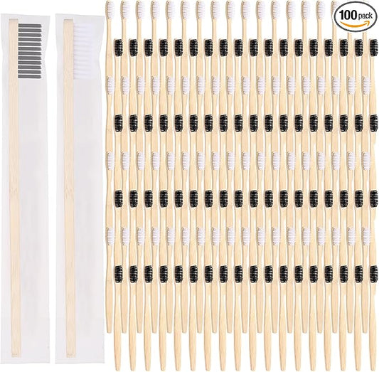 Vesici 100 Pcs Bamboo Toothbrushes Bulk Soft Bristles Toothbrushes with Micro Fur Ultra Wooden Bamboo Teeth Brushes Manual for Adults Travel Family Hotel Use Individually Packaged (Black,White)