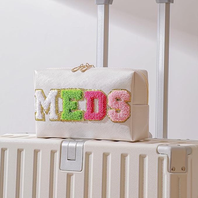 Cute Chenille Letter Patch Medicine Makeup Bag, PU Leather Waterproof MEDS Cosmetic Bag with Zipper, Travel Toiletry MEDS Pouch, Daily Use Portable Organizer Makeup Bag (01Beige Bag)