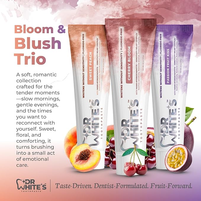Dr. White’s Signature Flavor Trio — Bloom & Blush | Fluoride-Free Nano-Hydroxyapatite Toothpaste Set, 3 × 3.5 oz | Mint-Free | Dentist-Formulated | Enamel-Identical Mineral Care