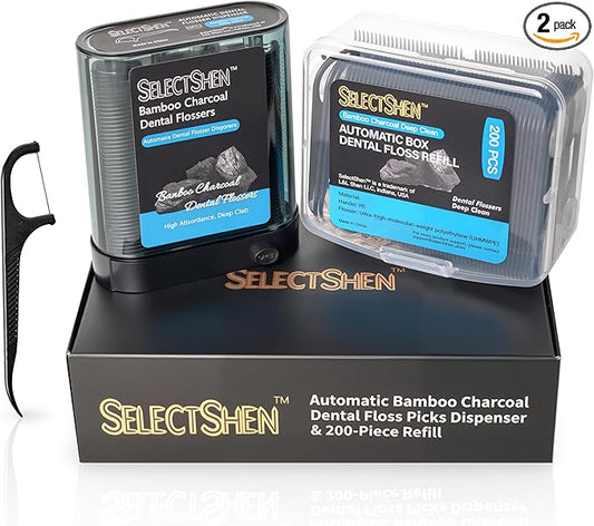 Dental Floss Picks, 288 Count (88 Flosser Dispenser + 200 Refills) – Bamboo Charcoal Floss, Refillable,Easy Travel Oral Care by SelectShen™