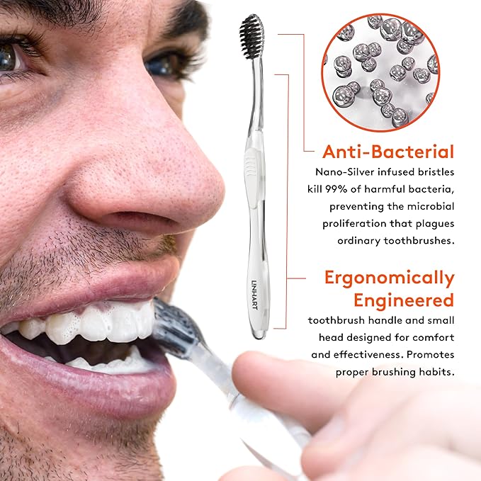 LINHART Extra Soft Toothbrush – Teeth Whitening Toothbrush with Multi Length Bristles, White with Black Bristles, 6 Pack