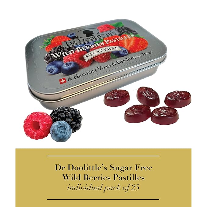 Dr. Doolittle’s Sugar Free Soft Fruit Pastilles for Voice and Throat, Wild Berries Flavor, 2.12 Ounce Tin, approximately 25 Count Package
