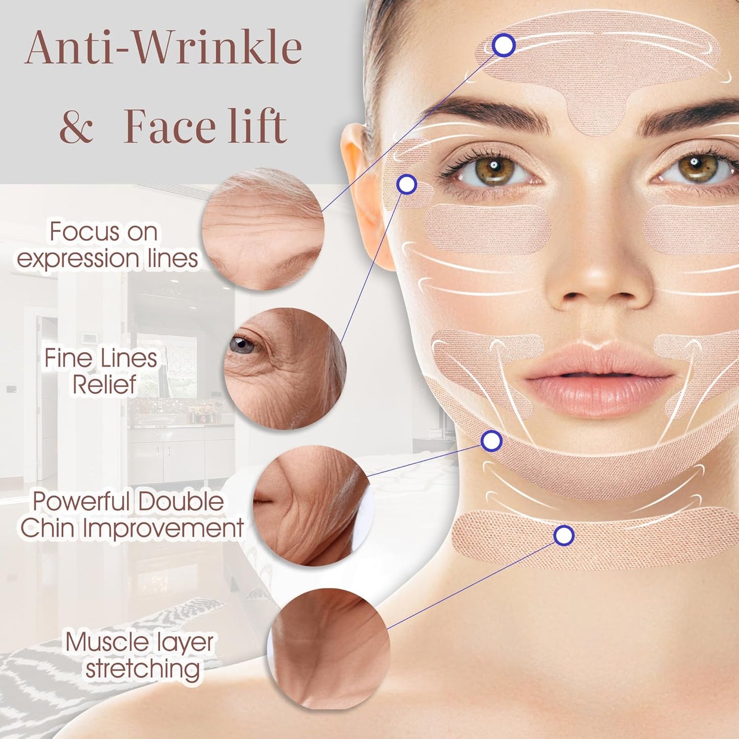 Face Lift Tape Pink Forehead Wrinkle Patches,Neck Wrinkle Patches,Face Lift for Lip,Double Chin,Smile Line,Mouth Tape For Sleeping,Double Chin Reducer 2 Rolls