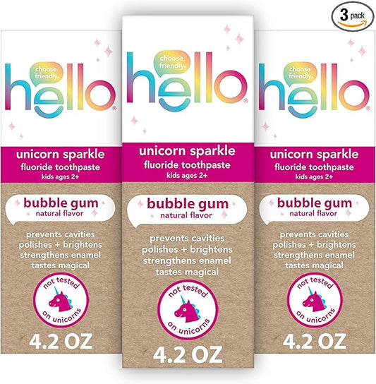 hello Unicorn Sparkle Kids Toothpaste with Fluoride, Bubble Gum Toothpaste, 4.2 Oz Tube (Pack of 3)