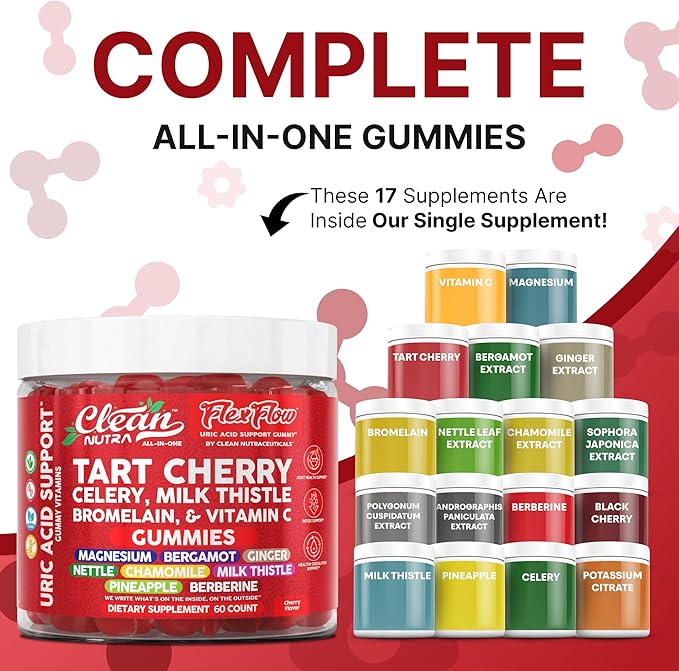 Clean Nutra Tart Cherry Gummies Uric Acid Flush Celery Milk Thistle Bromelain Vitamin C Magnesium Citrus Bergamot Ginger Stinging Nettle Leaf Chamomile Berberine Quercetin Support 60 Gummy Vitamins