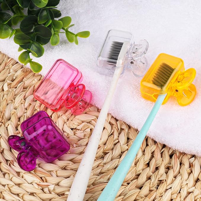 4 Pack Travel Toothbrush Head Covers Toothbrush Protector Cap Brush Pod Case Protective Portable Plastic Clip for Household Travel, Bathroom, Business, Camping, School (Clear, Orange, Purple, Pink)