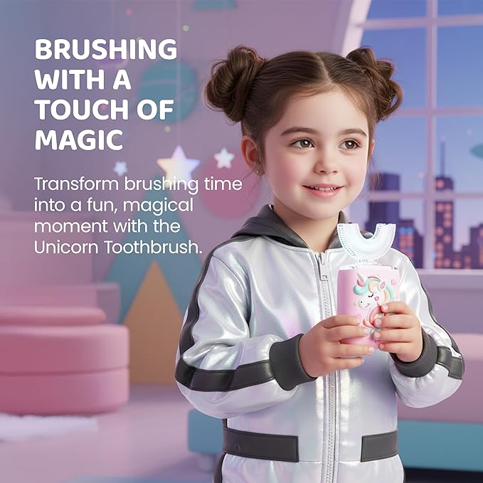 Well Before Kids U Shaped Electric Toothbrush with 5 Brush Heads, Ultrasonic, 5 Modes, IPX7 Waterproof Design (Unicorn, Pink Ages 2-7)