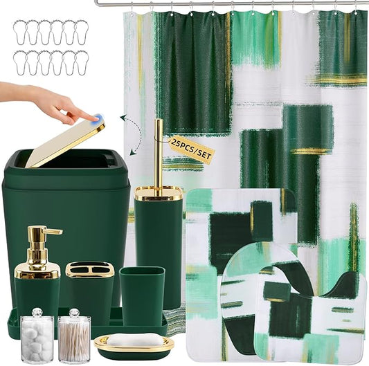 Bathroom Accessories Set - 25PC Bathroom Set with Shower Curtain and Rugs, Green Bathroom Set, Bathroom Accessory Set with Press-on Lid Trash Can, Soap Dispenser and Qtip Holders