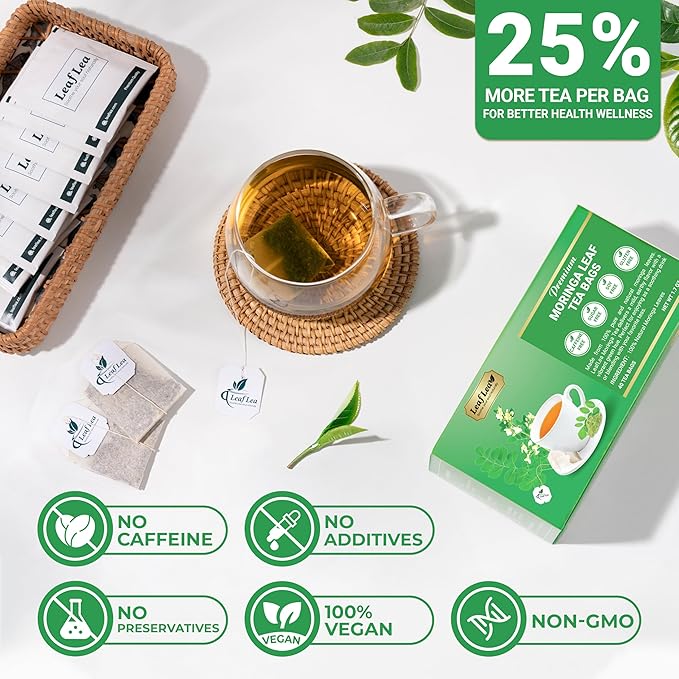 LeafLea 40 Moringa Tea Bags, 100% Natural and Pure Moringa Leaf Herbal Tea, Supports Digestion and Immune Health, Caffeine-Free, Sugar-Free, Vegan