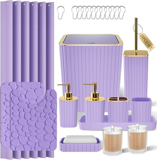 Bathroom Accessories Set - 25PC Bathroom Sets with Shower Curtain and Rugs, Purple Bathroom Set with Trash Can, Soap Dispenser, Soap Dish & Toilet Brush