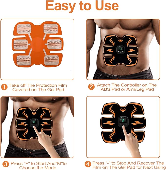 Electronic Muscle Stimulator, Abs Stimulator, EMS Abdominal Muscle Stimulator,Muscle Trainer,USB Rechargeable Gear for Abdomen/Arm/Leg, Ab Stimulator Equipment for Men Women,12 Free Gel Pads