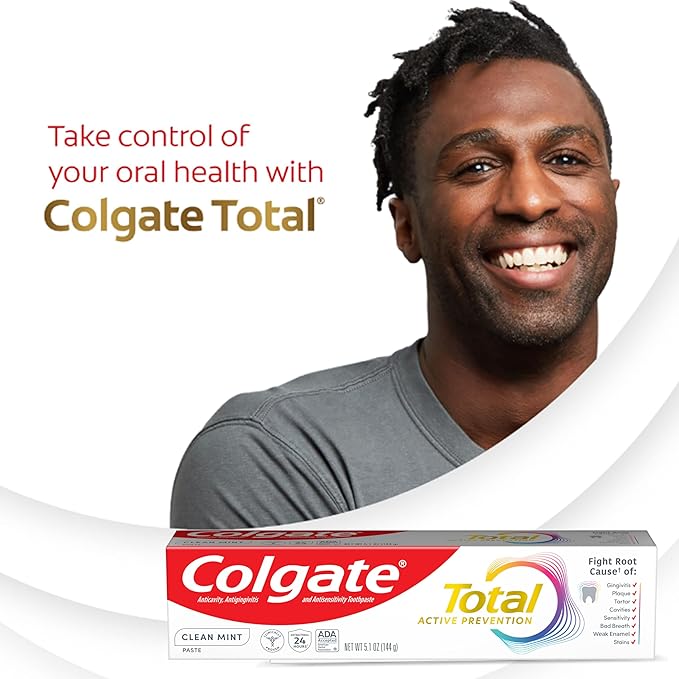 Colgate Total Clean Mint Toothpaste, 10 Benefits, No Trade-Offs, Freshens Breath, Whitens Teeth and Provides Sensitivity Relief, Clean Mint Flavor, 4 Pack, 5.1 Oz Tubes