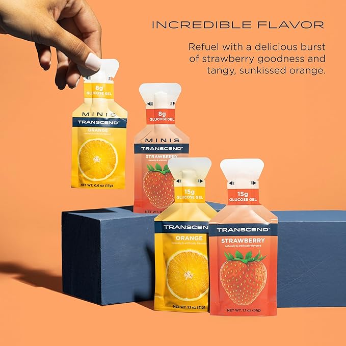 Transcend Foods Strawberry + Orange Gels (1.1 oz, Pack of 100) Fast-Acting Carb Gel Strawberry and Orange Flavor – Caffeine Free, Gluten Free