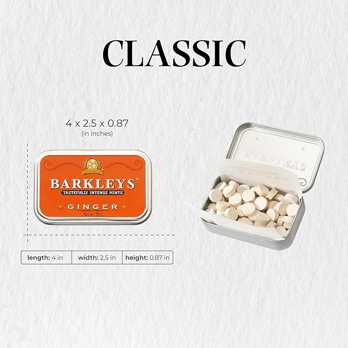 Barkleys Ginger Breath Mints - Strong Ginger Flavor Cool Mint Candy For Party, After Dinner, Wedding, Every Day Use - Vegan Breath Mints In Reusable Classic Travel Tins, 6 Pack - 50 Count Each