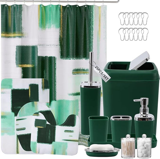Bathroom Set - Dark Green Bathroom Accessories Set, Bathroom Sets with Shower Curtain and Rugs, Green Shower Curtain Set with Bathroom Trash Can, Soap Dispenser, Soap Dish for Home Decor