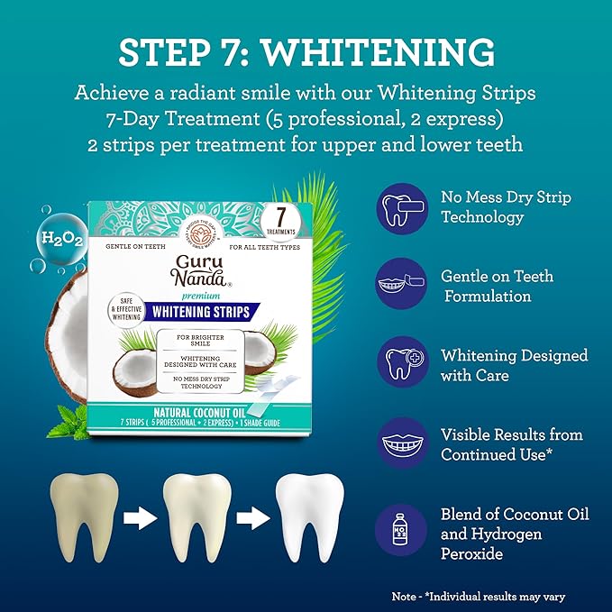 GuruNanda 7-Step Regimen 1.0 - Oil Pulling, Toothbrush, Tongue Scraper, Floss, Water Flosser, Mouthwash, Whitening Strips for Complete Oral Care (Pack of 8)