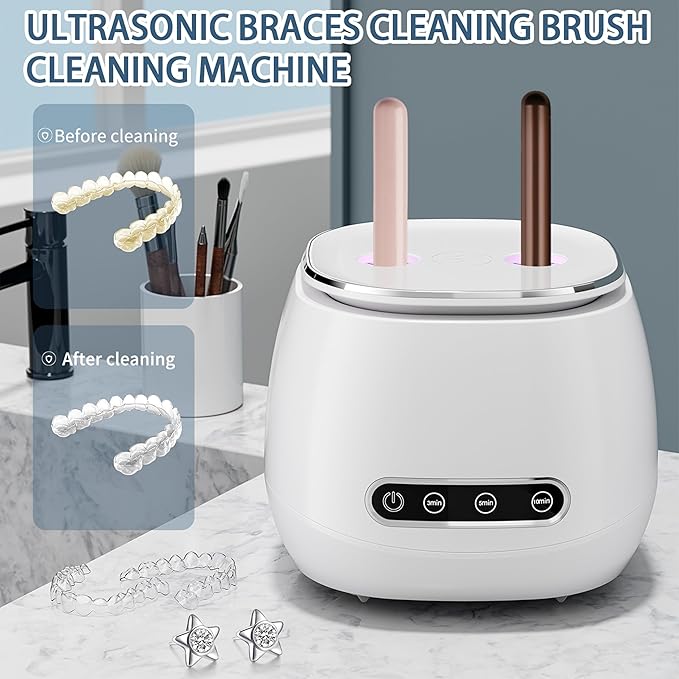 Ultrasonic Retainer Cleaner 48kHz Ultrasonic Cleaner Dental Ultrasonic Retainer Cleaner Machine Dental Cleaning Pod for Denture with Digital Timer, Dual Cleaning Mode for All Dental Appliances (White)