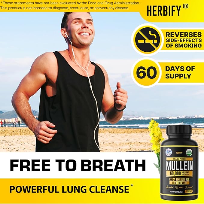 HERBIFY Mullein Capsules - Lung Cleanse - Leaf Extract - Powerful Mullein for Immune Support, Detox & Respiratory Support - Made in USA - Herbal Supplements - 120 Capsules