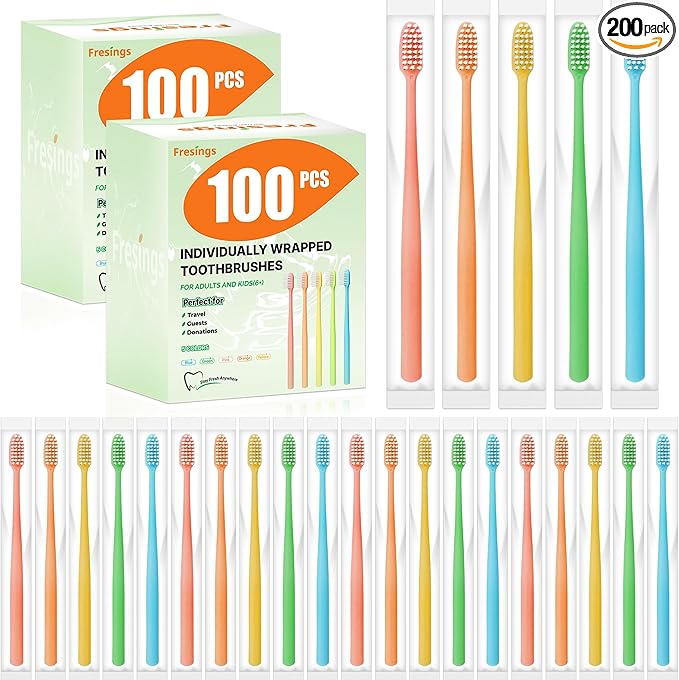 200 Pack Disposable Toothbrushes Bulk – Individually Wrapped Soft Bristles Single Use for Adults & Kids, Travel Hotel Guest Dental Office Donation Emergency Hygiene,Minimalist Design 5 Colors