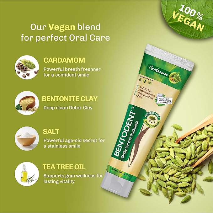BENTODENT Fluoride Free Remineralizing Calcium Bentonite Clay Toothpaste - Cardamom Flavor Natural Toothpaste, Mint-Free, 3.52 oz - Mineral Tooth Paste Ideal for Sensitive Teeth & Whitening
