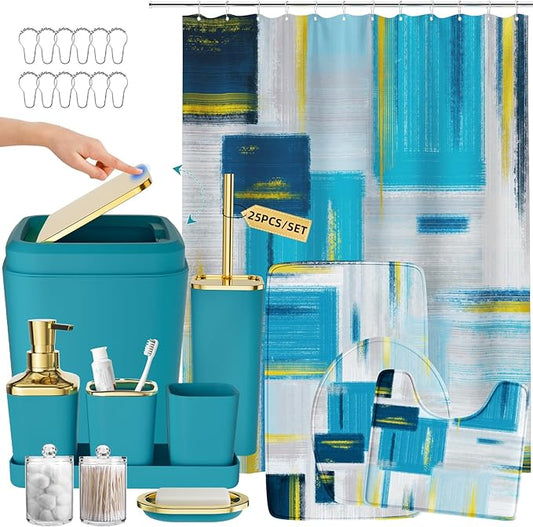 Bathroom Accessories Set - 25PC Bathroom Set with Shower Curtain and Rugs, Teal Blue Bathroom Set, Bathroom Accessory Set with Press-on Lid Trash Can, Soap Dispenser and Qtip Holders