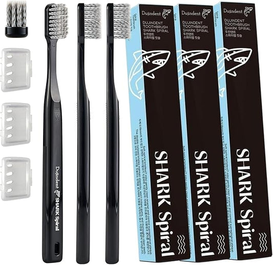 Toothbrush [Made in Korea] Shark Spiral Extra Soft Toothbrush for Plaque Removal, Gentle on Gums, Implant (3 Packs)