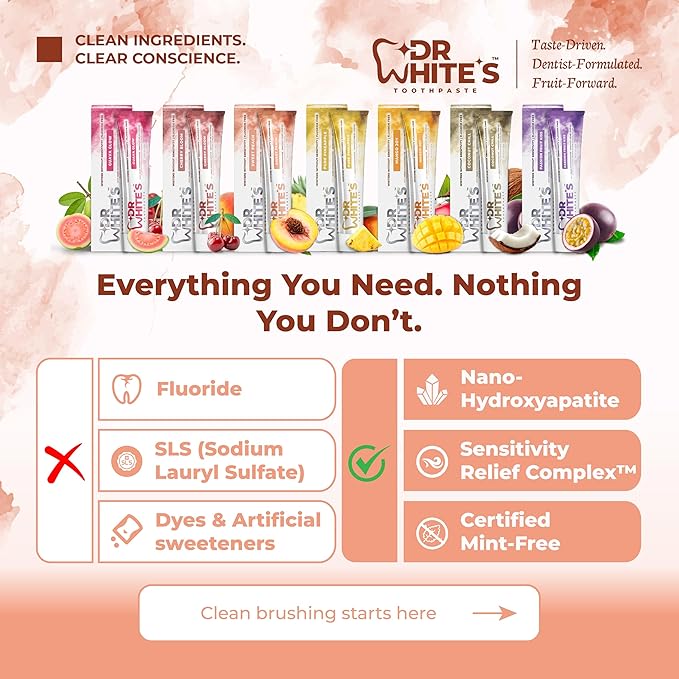 Dr. White’s Fruit by Design™ Line — Sweet Peach Fluoride-Free Nano-Hydroxyapatite Toothpaste, 3.5 oz | Mint-Free | Dentist-Formulated | Enamel-Identical Mineral Care