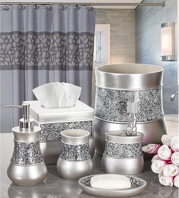 Crackled Glass Silver Tissue Box Cover Square - Decorative Tissue Box Holder - Tissue Holder Vessel for Bathroom with Durable Bottom Slider, Elegant Home or Bathroom Decor