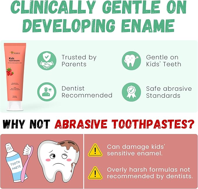 Enoble Kids Toothpaste | Natural Whitening Fluoride-Free Toothpaste for Kids & Adults | 7.5% Nano-Hydroxyapatite, 5% Xylitol, Green Tea & Aloe Vera | Strawberry | Safe if Swallowed | 3.5 oz, Pack of 1