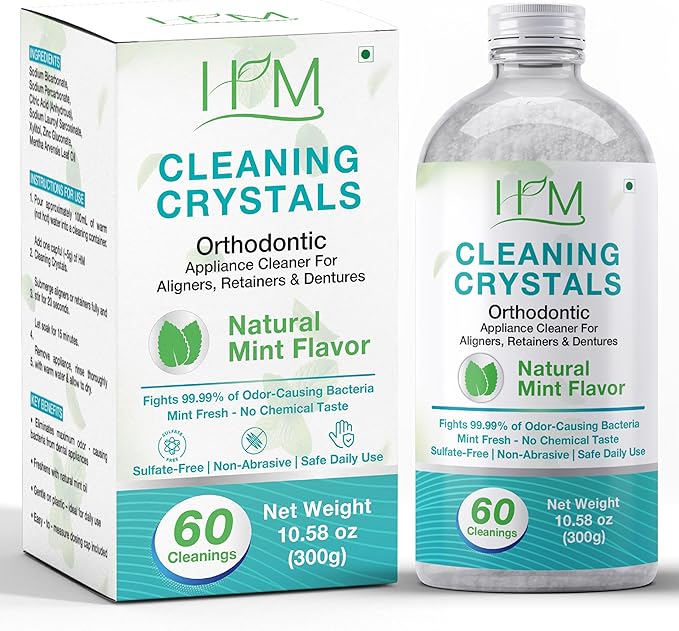Happy Moms HM Cleaning Crystals for Aligners, Retainers & Dentures – Natural Mint Flavor | Eliminates Odor & Freshens | Sulfate-Free, Non-Abrasive Daily Appliance Cleaner – 60 Cleanings (300g)