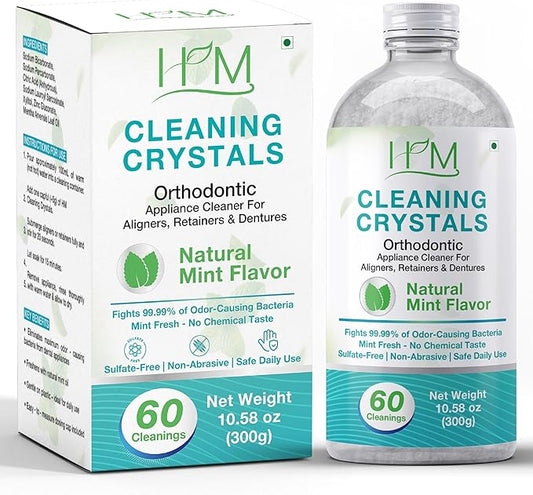 Happy Moms HM Cleaning Crystals for Aligners, Retainers & Dentures – Natural Mint Flavor | Eliminates Odor & Freshens | Sulfate-Free, Non-Abrasive Daily Appliance Cleaner – 60 Cleanings (300g)