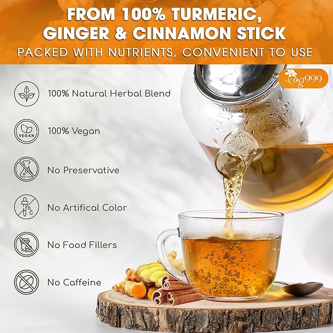 TOG999, Premium 12oz/200 cups Ginger Turmeric Cinnamon Loose Leaf Herbal Tea. Improve Digestion, Support Brain, Weight, Skin and Sleep. Premium Quality Spiced Blend. No Sugar, No Caffeine, No Gluten, Vegan.