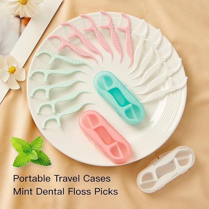 Pink Mint Dental Floss Picks, 2 Portable Travel Cases (10 Picks) + 65 Refills, Double-Line Flossers for Tight Teeth, Fresh Breath, Plaque Removal, BPA-Free, On-The-Go Oral Care