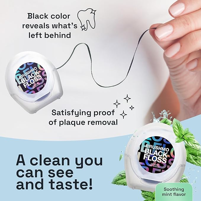Brushmo Black Floss (BBFloss) - Expanding Floss, Gum-Friendly Soothing Mint Dental Floss, Natural Vegan Wax to Remove Plaque from Teeth, Dentist Designed PTFE & PFAS Free Oral Care, 4 Spools, 220 yd