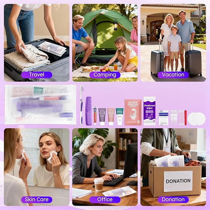 Travel Toiletries Personal Cleaning Bulk,Disposable Hygiene Kit Care Package Supplies, Women Toiletry Essentials Set Individually Wrapped for Camping, Hotel, Vacation, Homeless, Charity (11-in-1, 50)