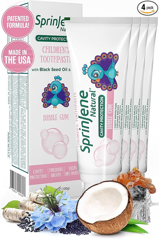 SprinJene Natural Children’s Toothpaste – Fluoride Bubblegum Toothpaste for Kids & Toddlers – Safe Gentle Formula for Cavity Protection – Made in The USA with Black Seed Oil & Zinc (4 Pack)