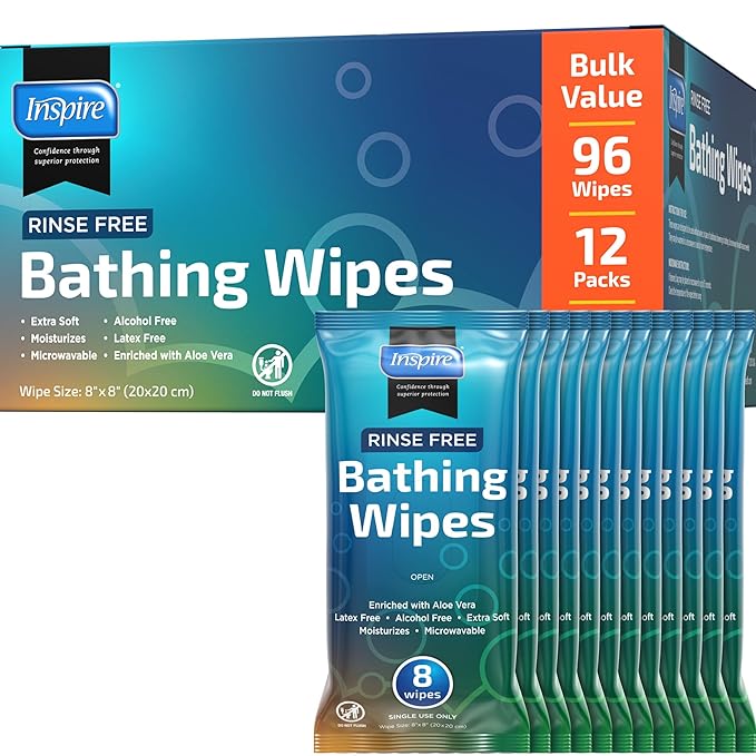 Inspire Thick Rinse Free Body Wipes, Extra Large Washcloths For Adults, Aloe Vera Enriched